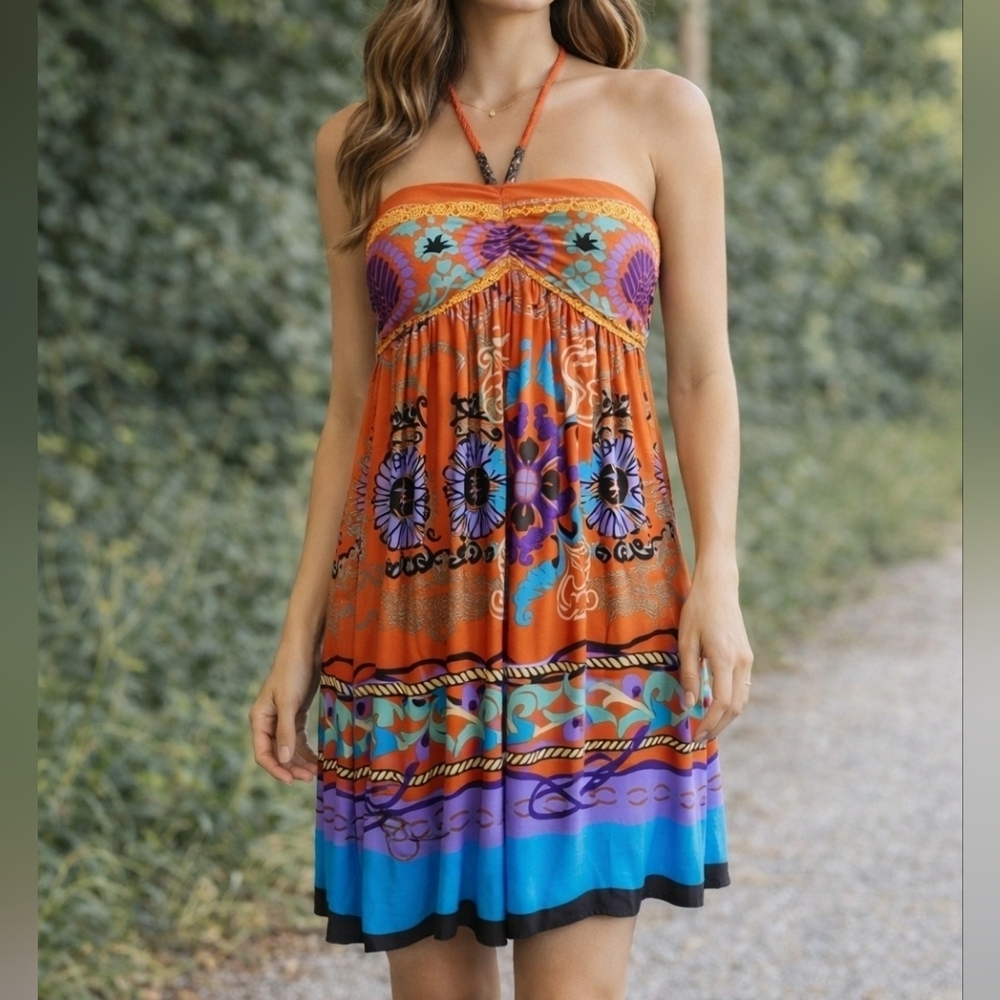 Classic Tricot Orange Floral Halter Dress Size S